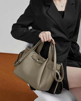 Women's Gray Genuine Leather Structured Top Handle Tote Bag 