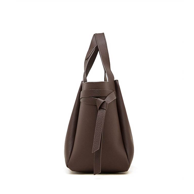 Women's Coffee Genuine Leather Minimalist Structured Tote Bag Side View