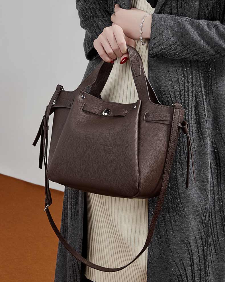 Women's Coffee Genuine Leather Structured Top Handle Tote Bag 