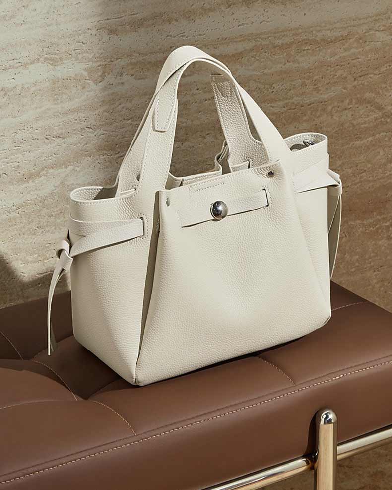 Women's Off-White Genuine Leather Minimalist Structured Top Handle Tote Bag 