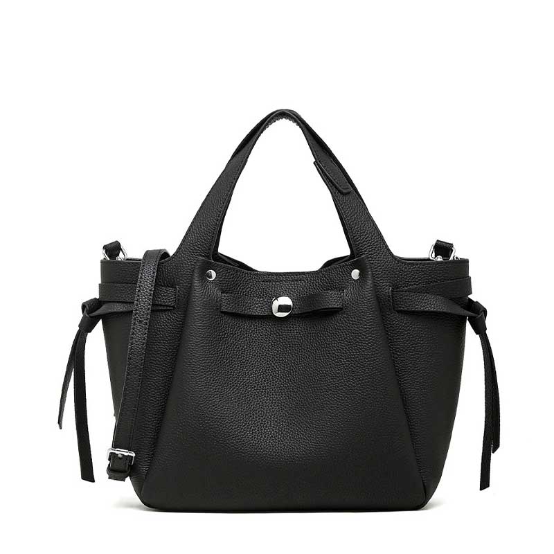 Women's Black Genuine Leather Minimalist Structured Tote Bag 