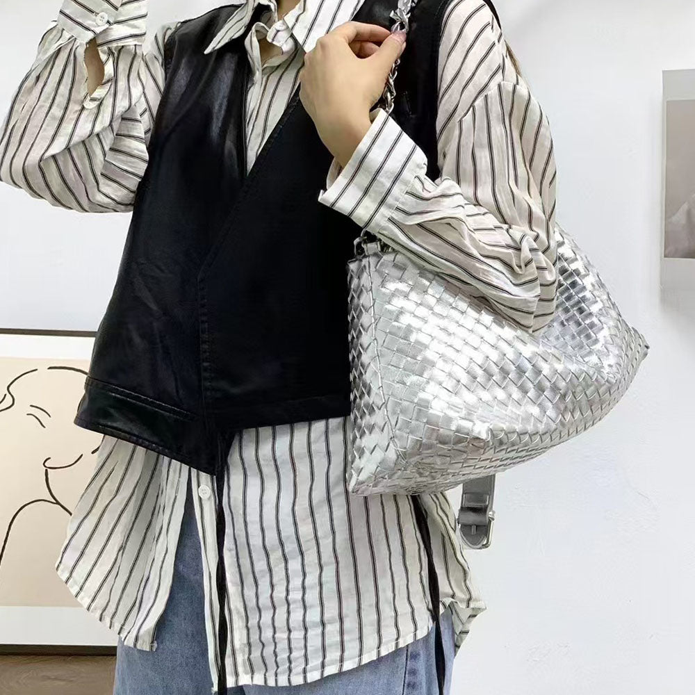Women Leather Woven Large Tote Bags Zipper Chain Bags | PRUSES - PRUSES