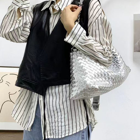 Women Leather Woven Large Tote Bags Zipper Chain Bags | PRUSES - PRUSES