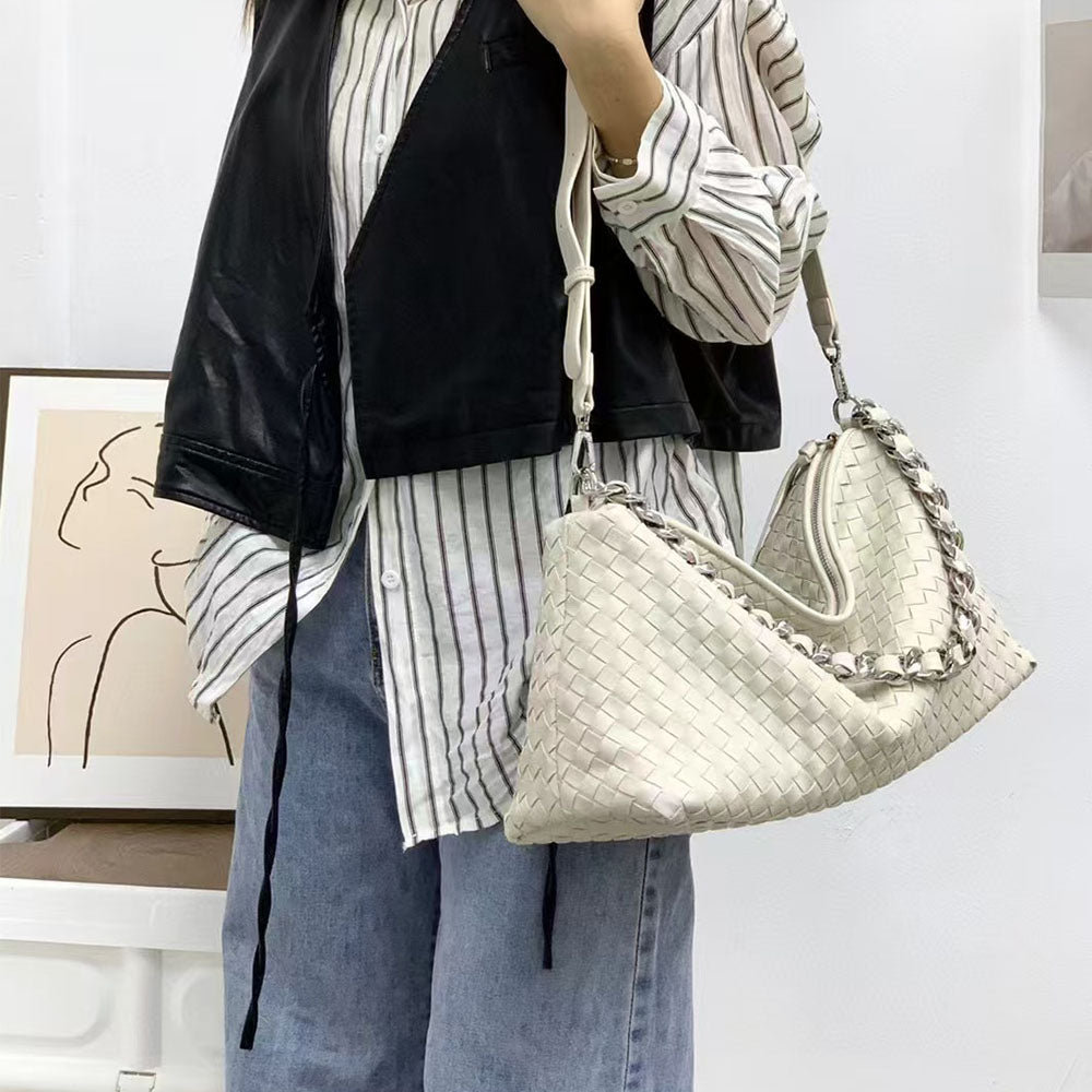 Women Leather Woven Large Tote Bags Zipper Chain Bags | PRUSES - PRUSES
