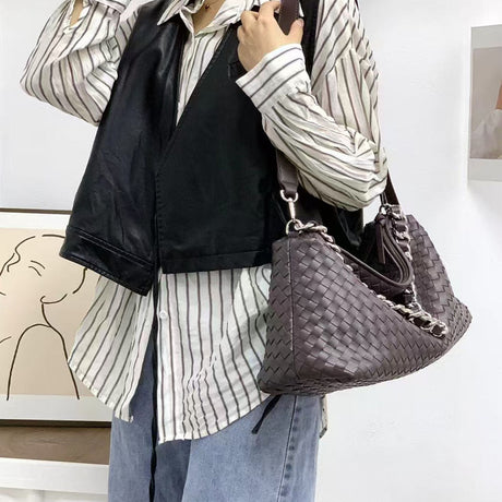 Women Leather Woven Large Tote Bags Zipper Chain Bags | PRUSES - PRUSES
