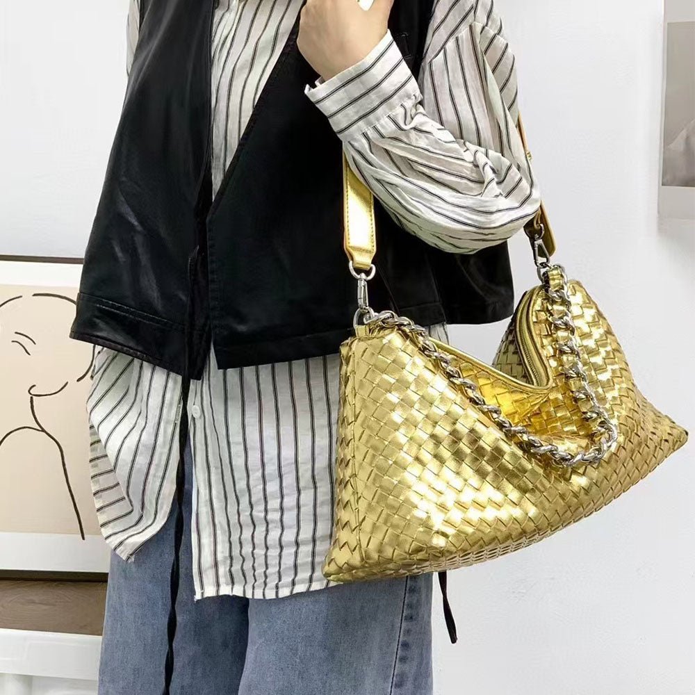 Women Leather Woven Large Tote Bags Zipper Chain Bags | PRUSES - PRUSES