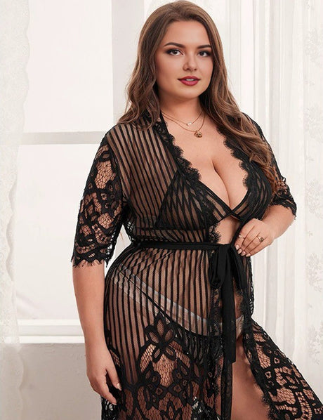 Women Plus Plus Sheer Mesh Lingerie Set with Belted Robe - PRUSES