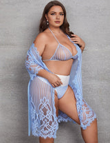 Women Plus Plus Sheer Mesh Lingerie Set with Belted Robe - PRUSES
