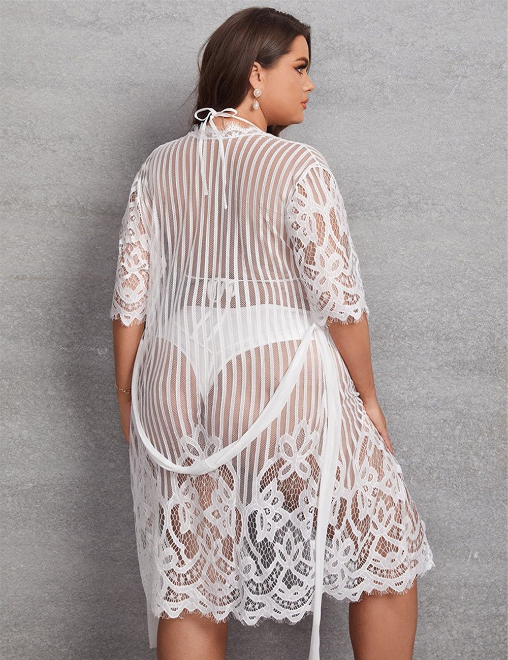 Women Plus Plus Sheer Mesh Lingerie Set with Belted Robe - PRUSES