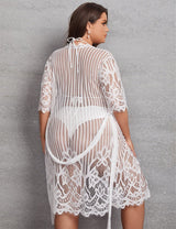 Women Plus Plus Sheer Mesh Lingerie Set with Belted Robe - PRUSES