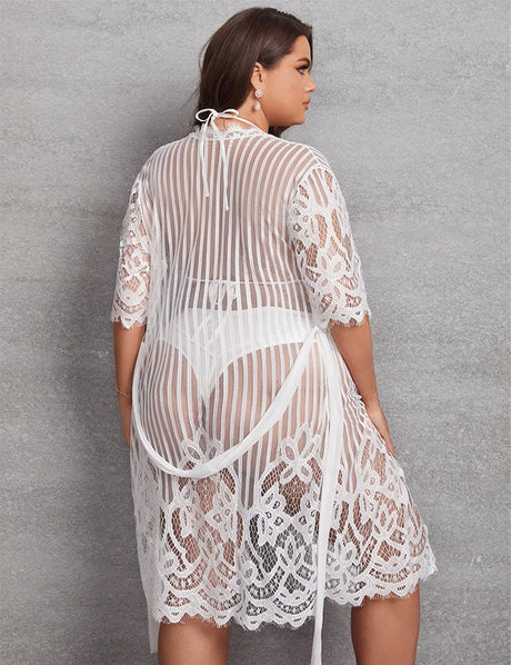 Women Plus Plus Sheer Mesh Lingerie Set with Belted Robe - PRUSES