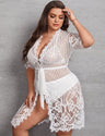 Women Plus Plus Sheer Mesh Lingerie Set with Belted Robe - PRUSES