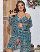Women Plus Size 3 - Piece Printed Long Sleeve Cardigan Bikini Set - PRUSES