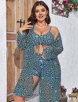 Women Plus Size 3 - Piece Printed Long Sleeve Cardigan Bikini Set - PRUSES