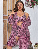 Women Plus Size 3 - Piece Printed Long Sleeve Cardigan Bikini Set - PRUSES