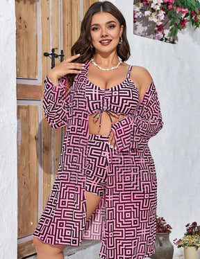 Women Plus Size 3 - Piece Printed Long Sleeve Cardigan Bikini Set - PRUSES