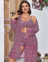Women Plus Size 3 - Piece Printed Long Sleeve Cardigan Bikini Set - PRUSES