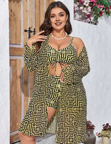Women Plus Size 3 - Piece Printed Long Sleeve Cardigan Bikini Set - PRUSES