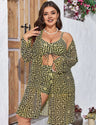 Women Plus Size 3 - Piece Printed Long Sleeve Cardigan Bikini Set - PRUSES
