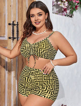 Women Plus Size 3 - Piece Printed Long Sleeve Cardigan Bikini Set - PRUSES