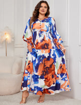 Women Plus Size Abstract Floral Print V - Neck Maxi Dress - PRUSES