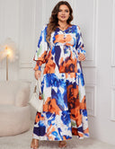 Women Plus Size Abstract Floral Print V - Neck Maxi Dress - PRUSES