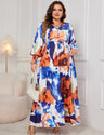 Women Plus Size Abstract Floral Print V - Neck Maxi Dress - PRUSES