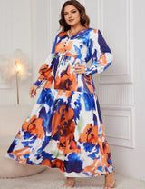 Women Plus Size Abstract Floral Print V - Neck Maxi Dress - PRUSES