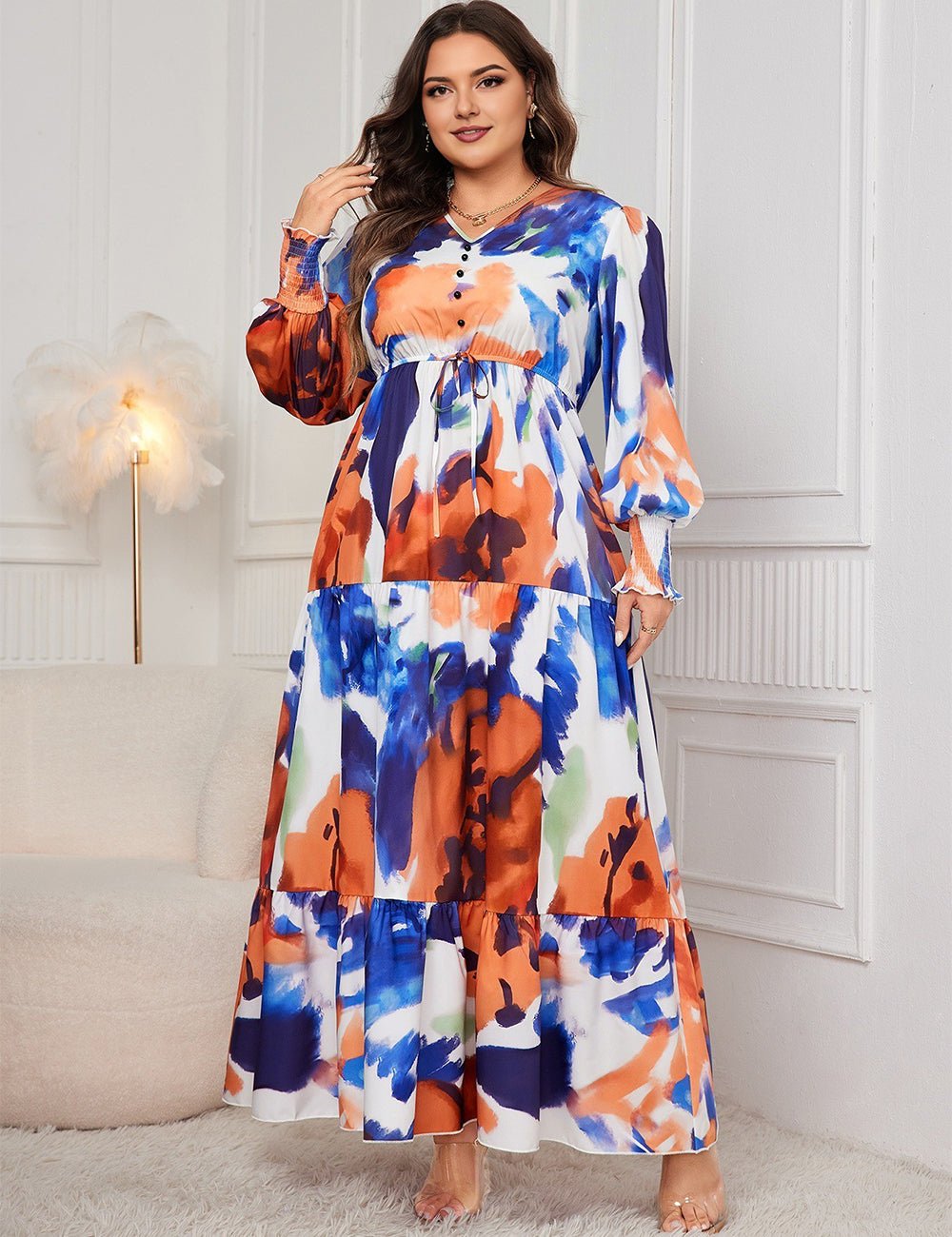 Women Plus Size Abstract Floral Print V - Neck Maxi Dress - PRUSES