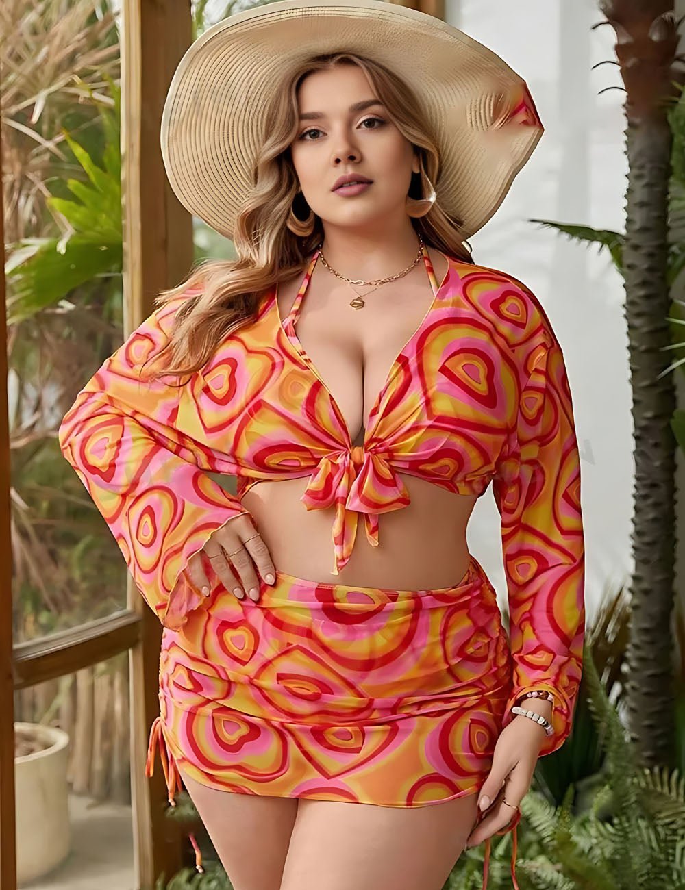 Women Plus Size Allover Heart Print Halter Bikini With Cover Up Set - PRUSES