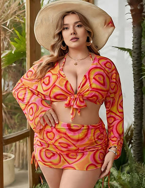 Women Plus Size Allover Heart Print Halter Bikini With Cover Up Set - PRUSES