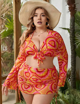 Women Plus Size Allover Heart Print Halter Bikini With Cover Up Set - PRUSES