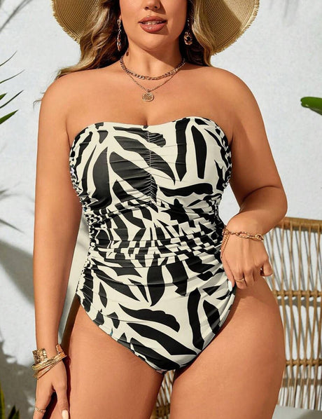 Women Plus Size Allover Print Ruched Bandeau Swimsuit - PRUSES