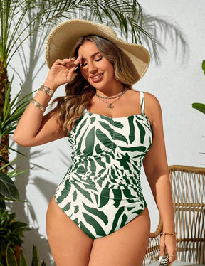Women Plus Size Allover Print Ruched Bandeau Swimsuit - PRUSES