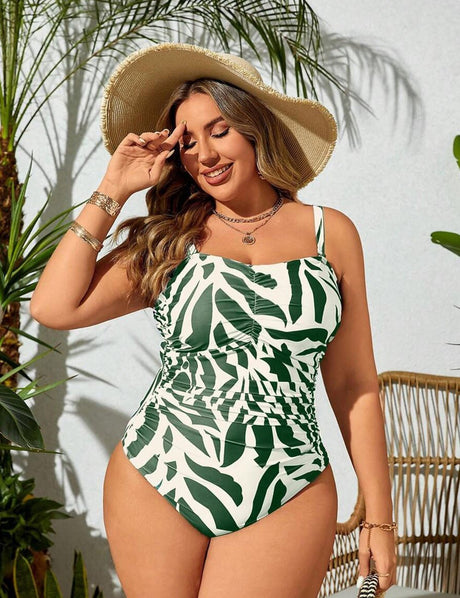 Women Plus Size Allover Print Ruched Bandeau Swimsuit - PRUSES