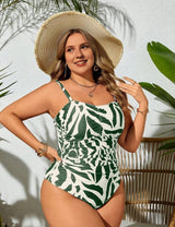 Women Plus Size Allover Print Ruched Bandeau Swimsuit - PRUSES