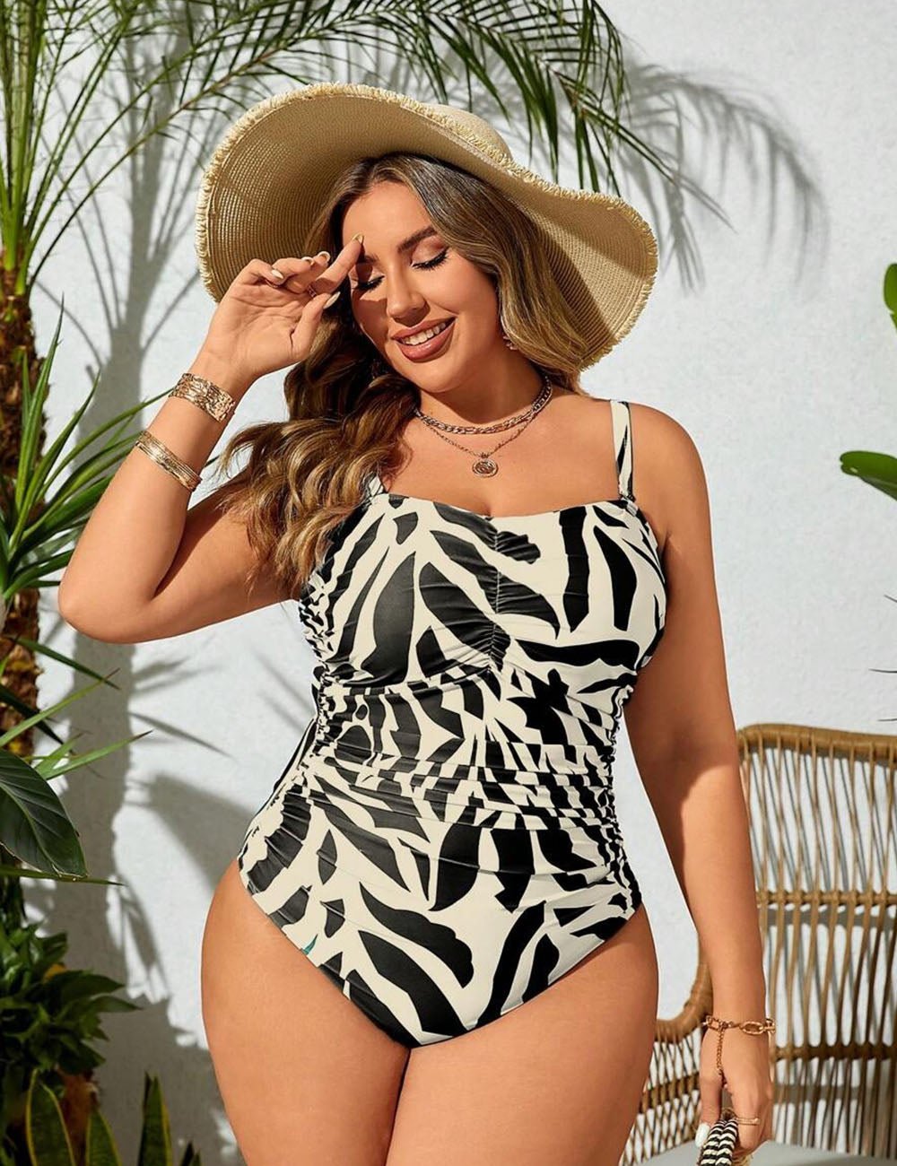 Women Plus Size Allover Print Ruched Bandeau Swimsuit - PRUSES