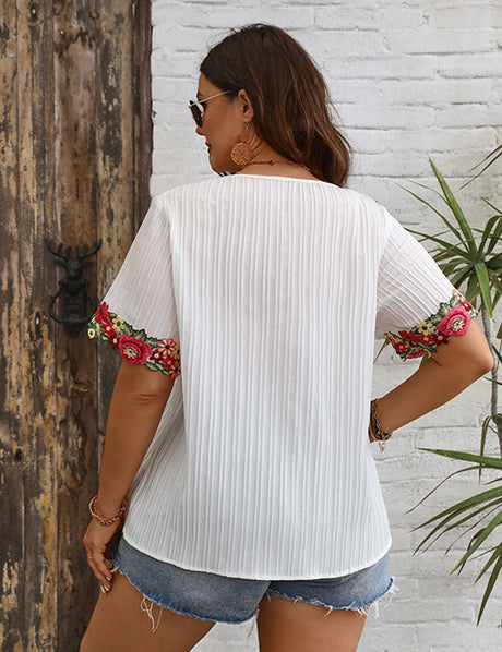 Women Plus Size Asymmetric Collar Embroidered Patchwork Blouse | PRUSES - PRUSES