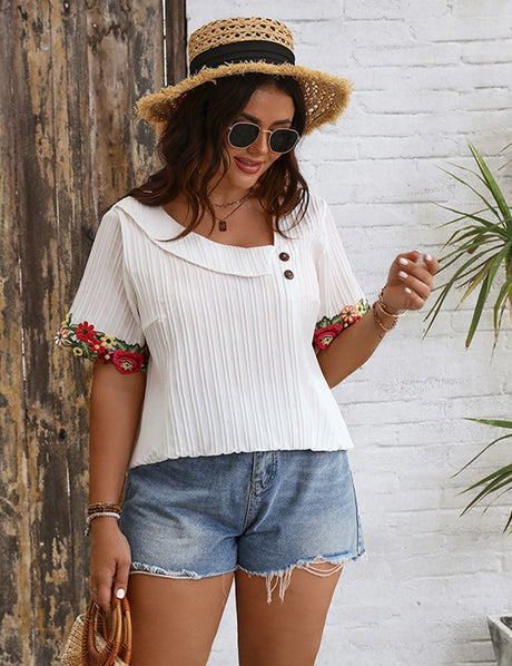 Women Plus Size Asymmetric Collar Embroidered Patchwork Blouse | PRUSES - PRUSES