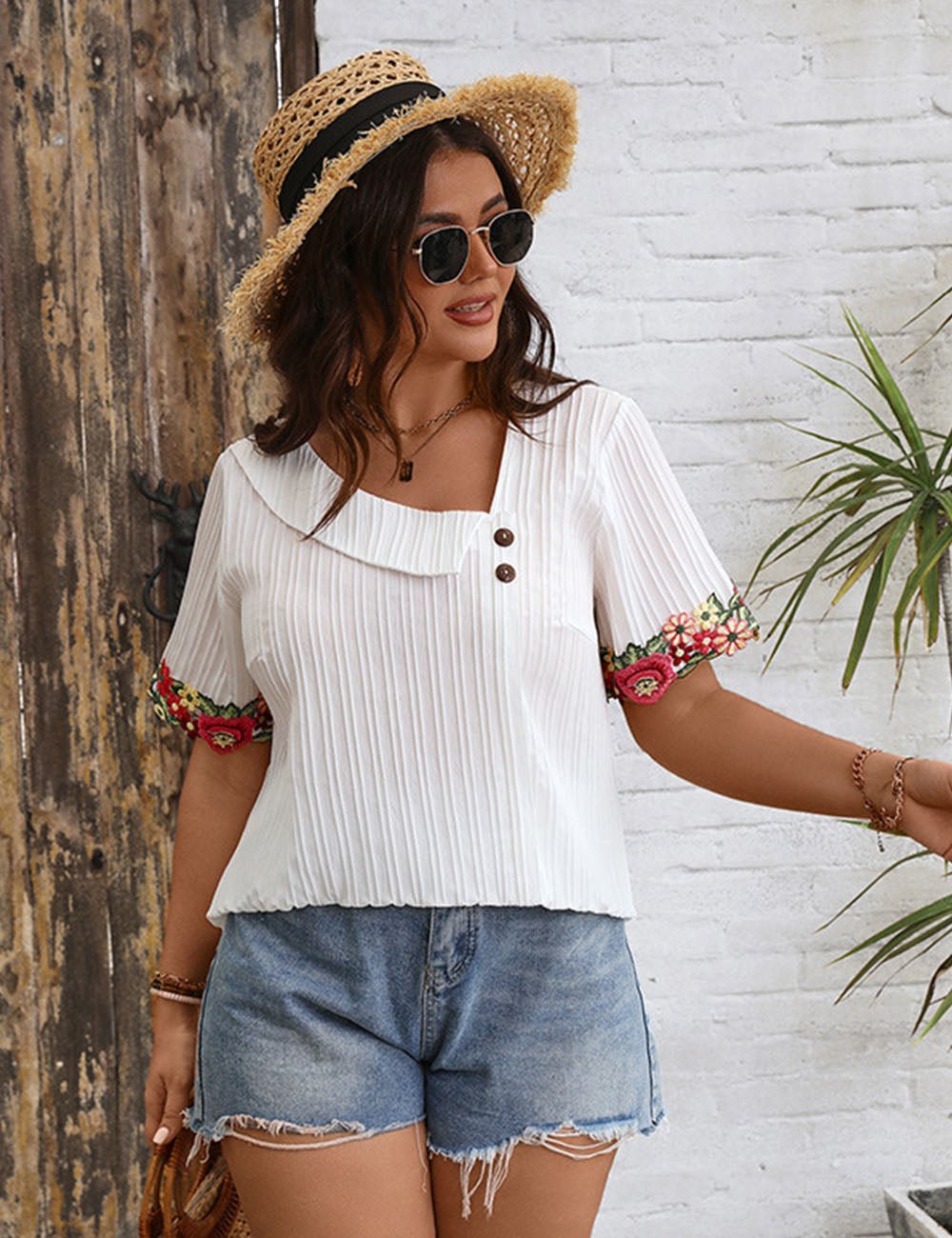 Women Plus Size Asymmetric Collar Embroidered Patchwork Blouse | PRUSES - PRUSES