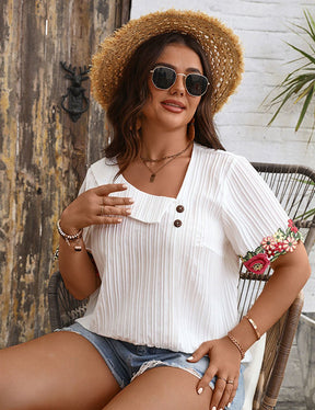 Women Plus Size Asymmetric Collar Embroidered Patchwork Blouse | PRUSES - PRUSES