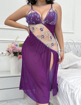 Women Plus Size Asymmetrical Embroidered Mesh Sheer Nightgown | PRUSES - PRUSES