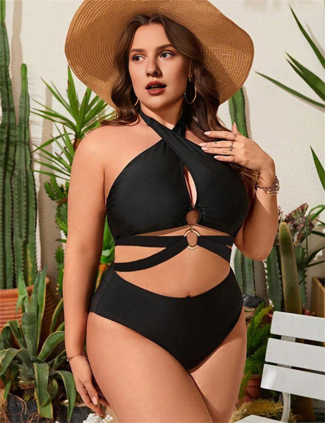 Women Plus Size Backless Hollow Lace - Up Two - Piece Swimsuit - PRUSES