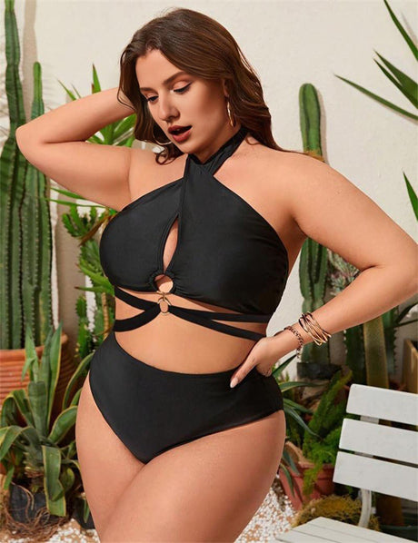 Women Plus Size Backless Hollow Lace - Up Two - Piece Swimsuit - PRUSES
