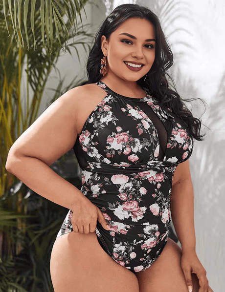 Women Plus Size Bikini Vintage Print Mesh Patchwork Swimsuit - PRUSES