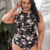 Women Plus Size Bikini Vintage Print Mesh Patchwork Swimsuit - PRUSES