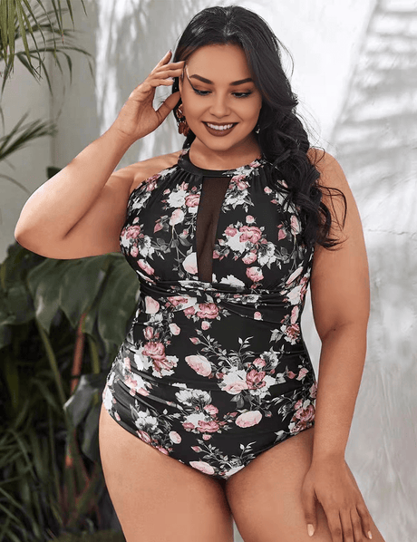 Women Plus Size Bikini Vintage Print Mesh Patchwork Swimsuit - PRUSES