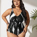 Women Plus Size Black and White Twist Front One Piece Swimsuit - PRUSES