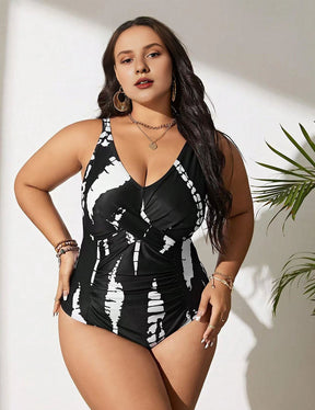 Women Plus Size Black and White Twist Front One Piece Swimsuit - PRUSES