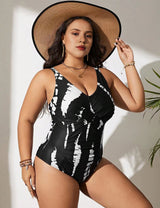 Women Plus Size Black and White Twist Front One Piece Swimsuit - PRUSES